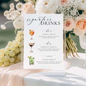 Signature His, Her, Our Drinks Menu Sign, Printable Wedding Signature Cocktail Sign, Minimalist Wedding, Cocktail Bar Cart Sign, Ellesmere