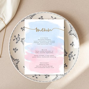 Editable Menu - Printable Dinner Menu - Gold Foil - Pink & Blue Watercolour - Wedding Table Menu - Baby Shower Menu - Bridal Shower Menu