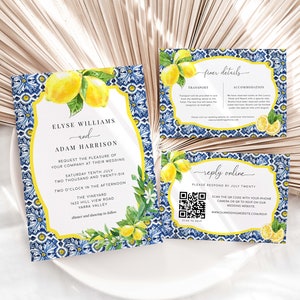 May include: A wedding invitation suite featuring a blue and white tiled pattern with lemons. The invitation reads "Elyse Williams and Adam Harrison request the pleasure of your company at their wedding Saturday Tenth July Two Thousand and Twenty-Six Two o'clock in the afternoon The Vineyard 1622 Hill View Road Yarra Valley dinner and dancing to follow". The RSVP card has a QR code and the text "reply online Please respond by July Twenty Scan the QR code with your iPhone camera or or to RSVP on our wedding website www.ourweddingwebsite.com/RSVP"