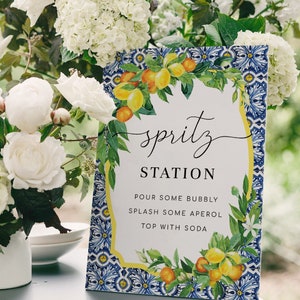 Cartello stampabile per stazione Spritz, cartello Positano Blue Tile Arance Limoni Cocktail Spritz Alcolico, cartello Cocktail per matrimonio, cartello Bevande esclusive