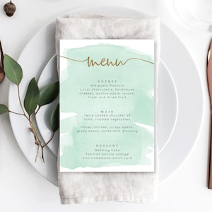Editable Menu Template - Mint Green Watercolour Gold Foil - Printable Menu - Gender Neutral Baby Shower