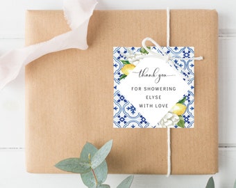 Mediterranean Blue Tile Favor Tags - Lemons - Thank You Grazie Tags - Ευχαριστώ Favour Tags - The Med