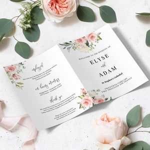 May include: A wedding program with pink and white floral designs. The program includes the names Elyse and Adam, the date "Twentieth February Two Thousand and Twenty", and the location "St. Stephen's Cathedral".