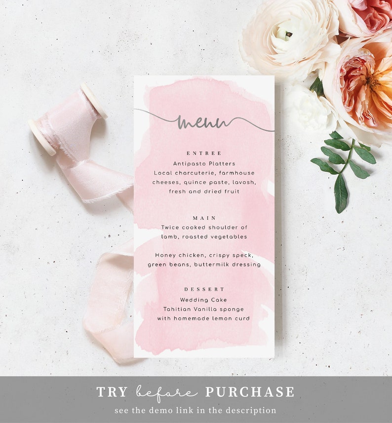 Pink Watercolor Wedding Menu Template With Faux Silver Foil (editable ...
