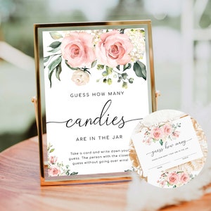 Raad eens hoeveel in de pot spelbord en kaartsjabloon, blush bloemen, afdrukbaar vrijgezellenfeestspel, bord babyshowerspel, Darcy Pink