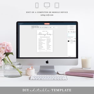 Pu&ograve; includere: Un monitor di computer mostra un modello di gioco "Match the Literary Loves". Il modello presenta un elenco di personaggi letterari e i loro interessi amorosi. L'immagine include il testo: "EDIT ON A COMPUTER OR MOBILE DEVICE using corjl.com" e "DIY editable TEMPLATE".