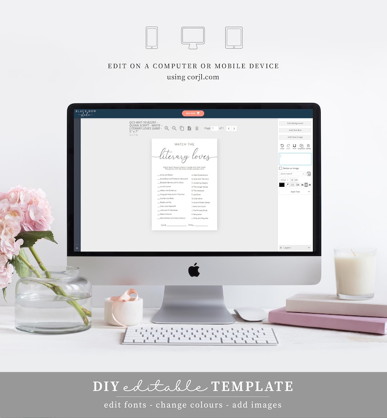Pu&ograve; includere: Un monitor di computer mostra un modello di gioco "Match the Literary Loves". Il modello presenta un elenco di personaggi letterari e i loro interessi amorosi. L'immagine include il testo: "EDIT ON A COMPUTER OR MOBILE DEVICE using corjl.com" e "DIY editable TEMPLATE".