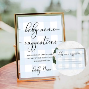 Baby Namensvorschläge Karte und Zeichen Vorlage, blau kariert Karo, druckbare Baby Namen Ideen Spiel, druckbare Jungen Baby Shower Spiel