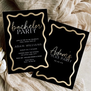 Druckbare Einladung zur Junggesellenparty, Bucks Party Evite, Wave-Einladung, moderne Schwarz Gold Bucks Party einladen, kurvige Linie