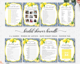 Bridal Shower Games Bundle Pack - Positano Blue Tile Lemons Theme - Editable Printable Hen's Party Games - Italian Almalfi Coast