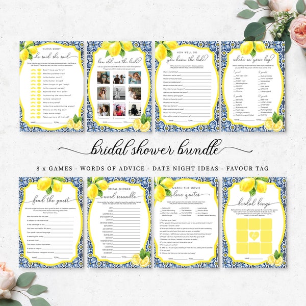 Bridal Shower Games Bundle Pack - Positano Blue Tile Lemons Theme - Editable Printable Hen's Party Games - Italian Almalfi Coast