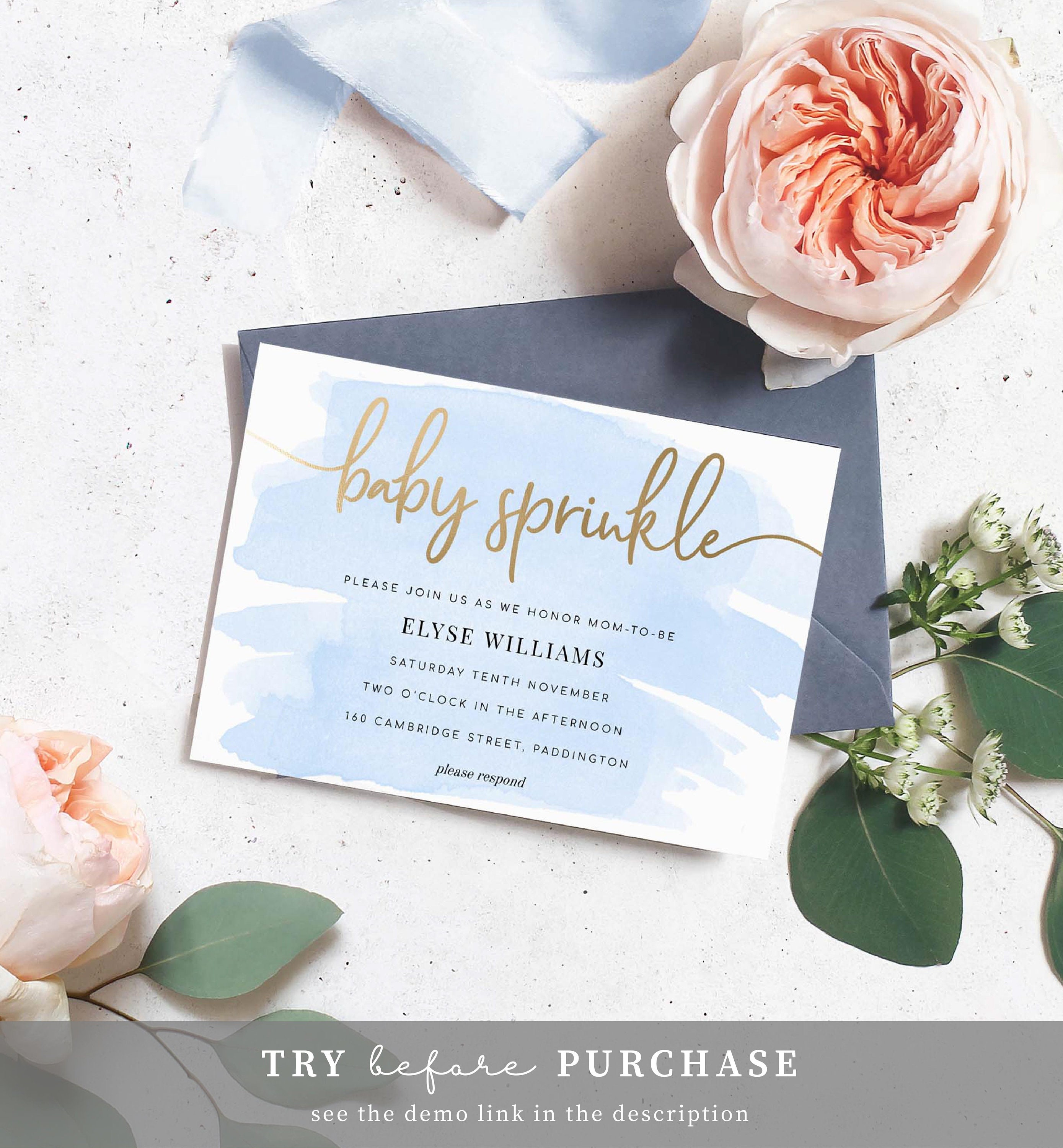 Plantilla de invitación con chispas azules para bebé - Lámina dorada -  Invitación para baby shower de niño - Invitación imprimible y editable -  Acuarela - Etsy México, image size:2778x3000