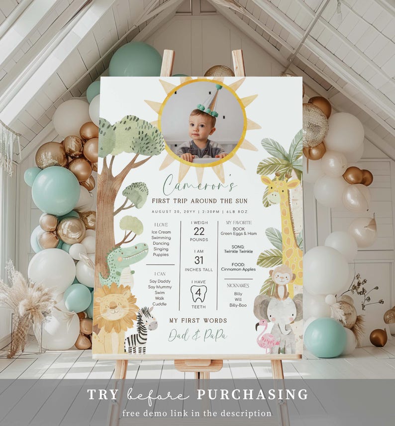 Safari Photo First Birthday Milestone Board, Printable Babys First Year Milestone Poster, 1st Birthday 12 Months Milestone Photo Sign, Nyala