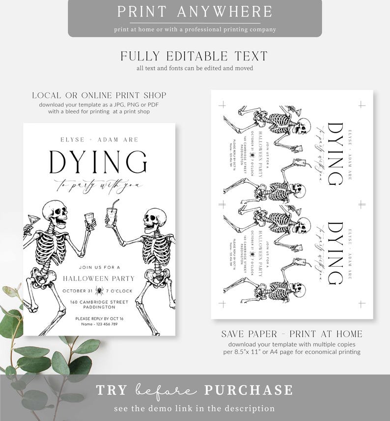 Puede incluir: Plantilla de invitaci&oacute;n a una fiesta de Halloween en blanco y negro. El dise&ntilde;o presenta ilustraciones de esqueletos, el texto "DYING to party with you" y detalles de la fiesta. La invitaci&oacute;n es totalmente editable e imprimible en casa.