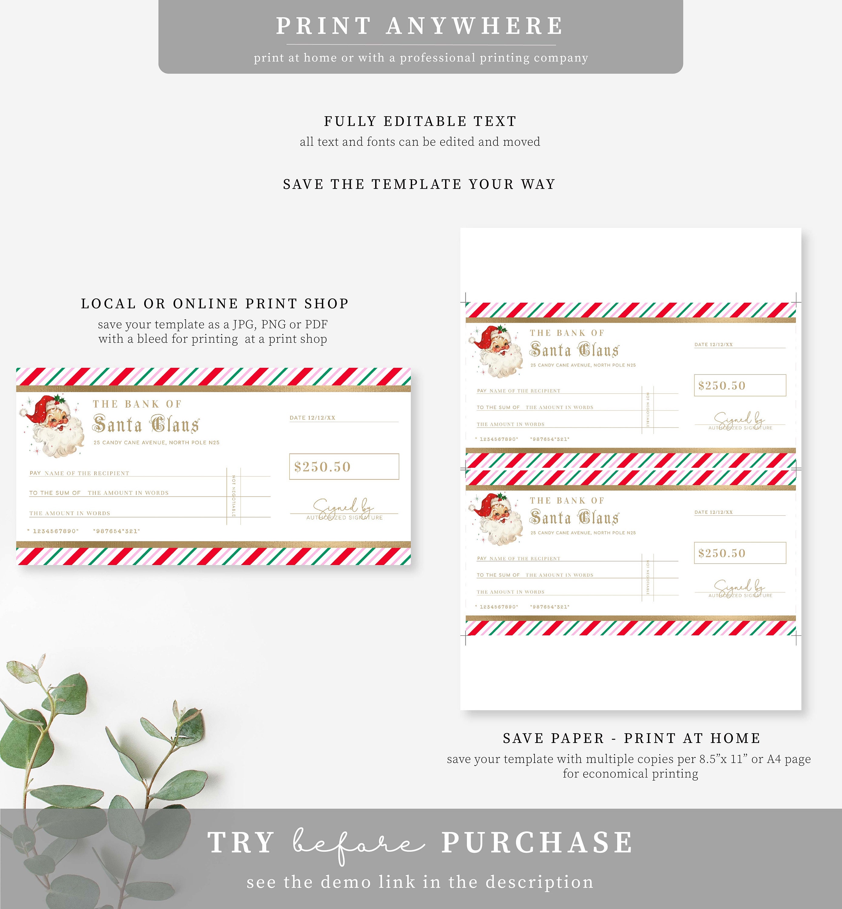 Santa Bank Christmas Cheque, Fake Bank Cheque Gift Voucher, Custom ...