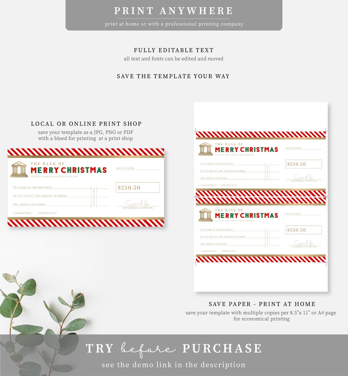 Christmas Cheque Template Fake Bank Cheque Gift Voucher - Etsy Australia