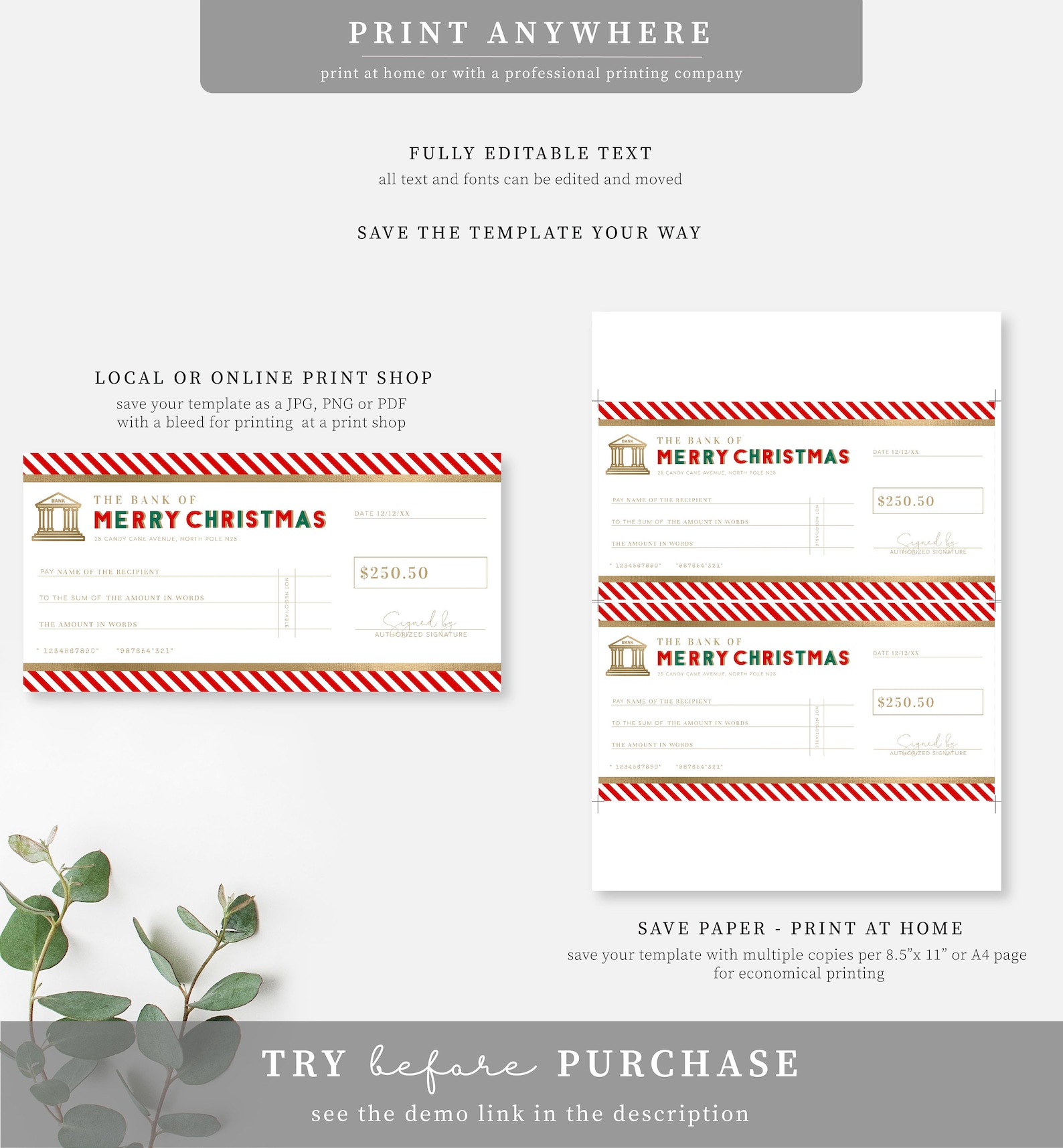 Christmas Cheque Template Fake Bank Cheque Gift Voucher - Etsy Australia