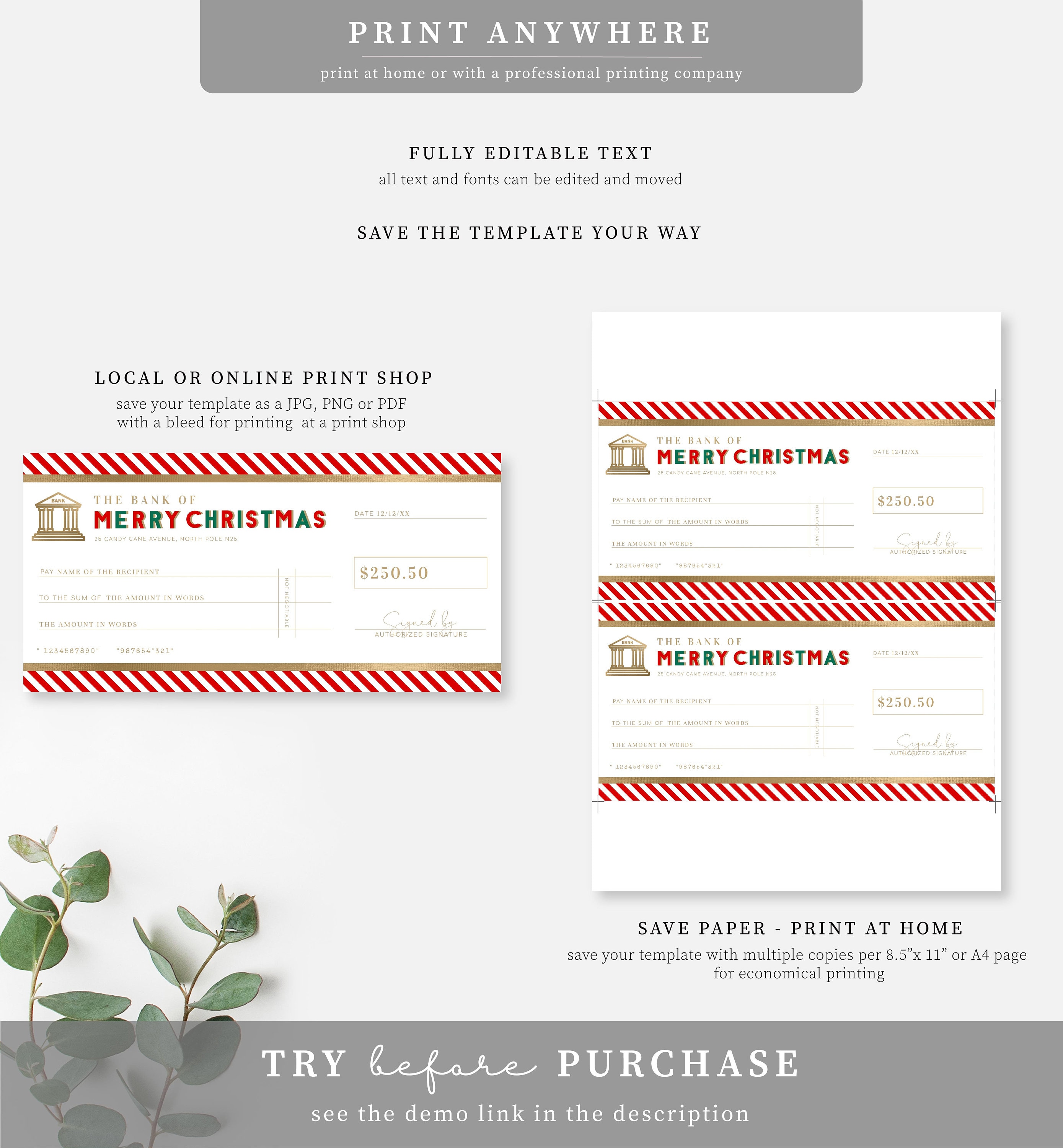 Christmas Cheque Template Fake Bank Cheque Gift Voucher - Etsy Australia