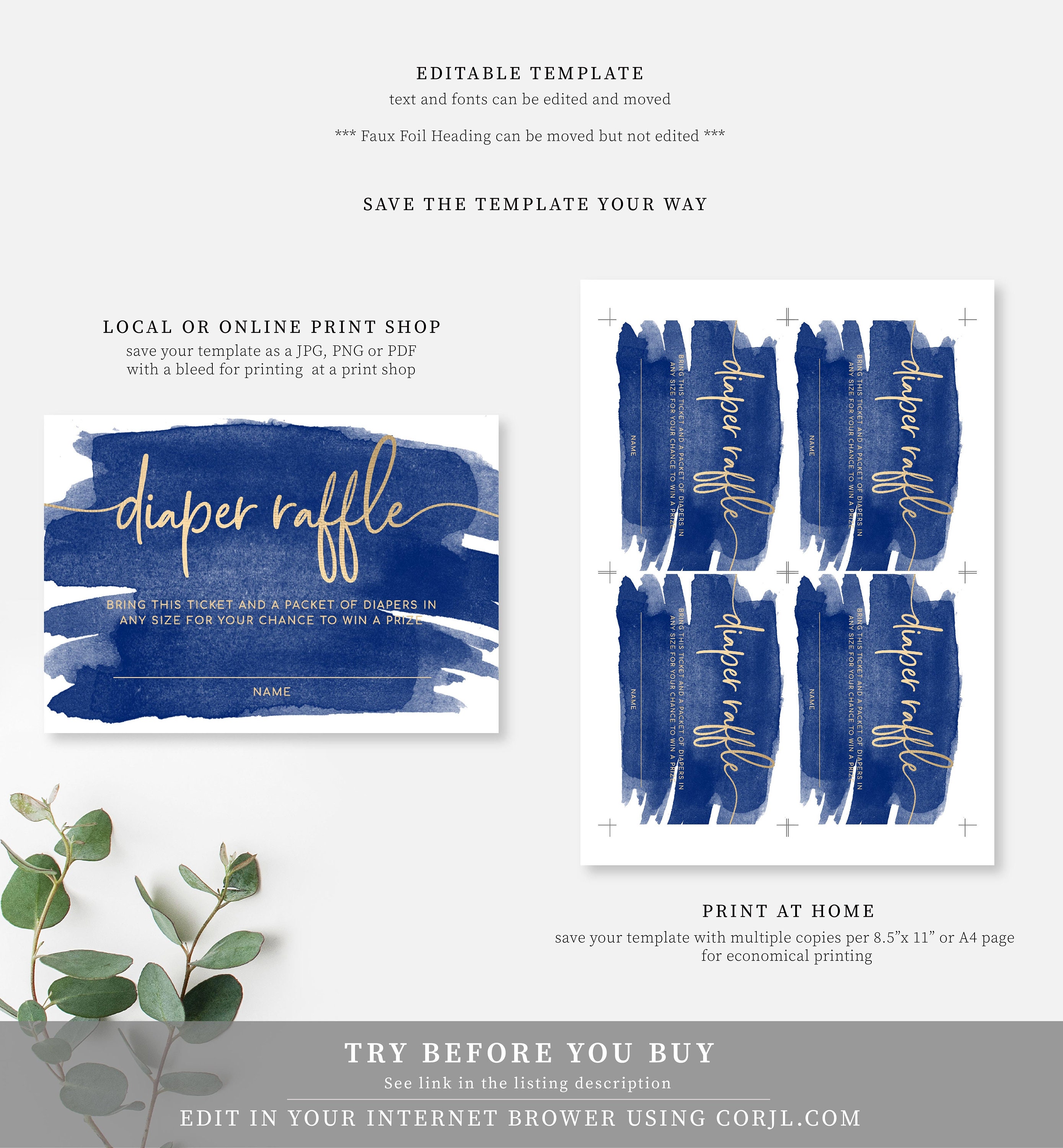 Diaper/nappy Raffle Ticket Template - Gold Foil - Printable Baby Boy ...