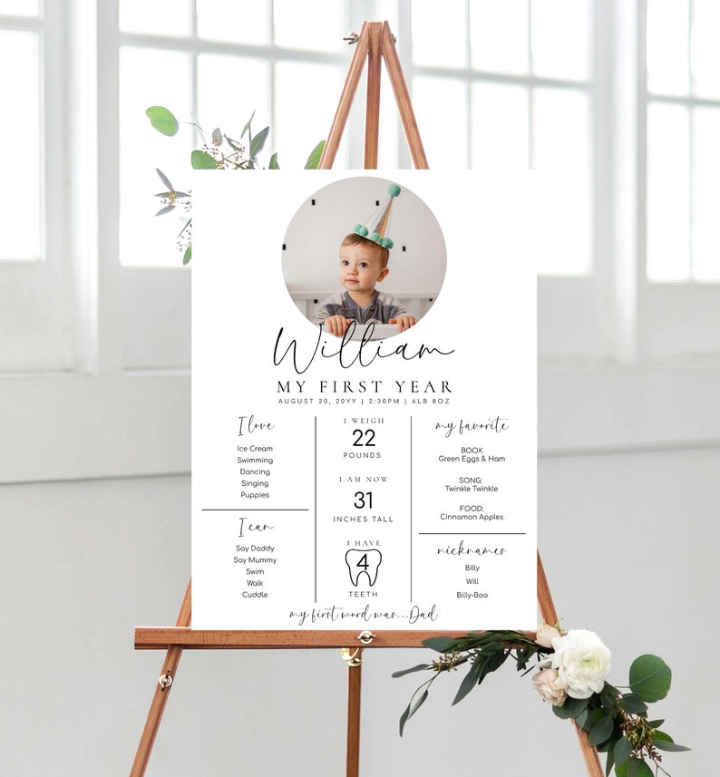 Minimalist Photo First Birthday Milestone Board, Baby's First Year Milestone Poster, 1st Birthday 12 Months Milestone Photo Banner Sign