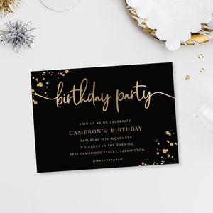 Invitation de fête d'anniversaire en or noir - modèle Corjl modifiable imprimable - invitation d'anniversaire unisexe - invitation homme - paillettes d'or - paintly