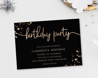 Black Gold Birthday Party Invitation - Printable Editable Corjl Template - Unisex Birthday Invite - Male Invitation - Gold Glitter - Paintly