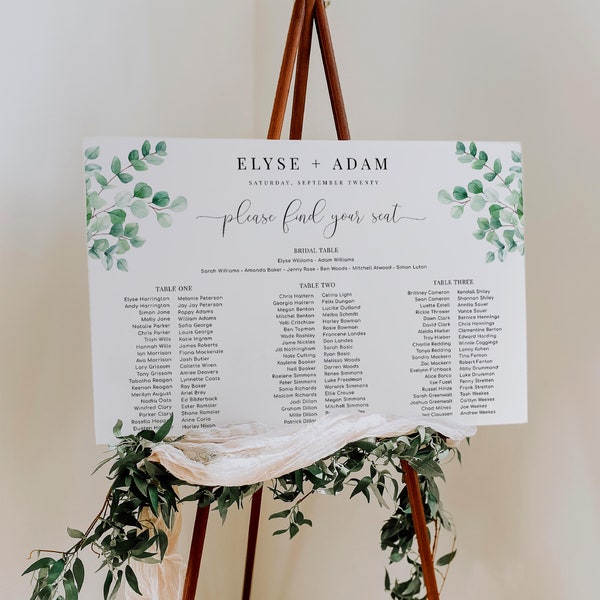 Editable 3 Long Tables & Bridal Seating Chart, Greenery Wedding Banquet Tables Plan, Welcome Seating Chart Sign, Seating Plan Poster, Ferras