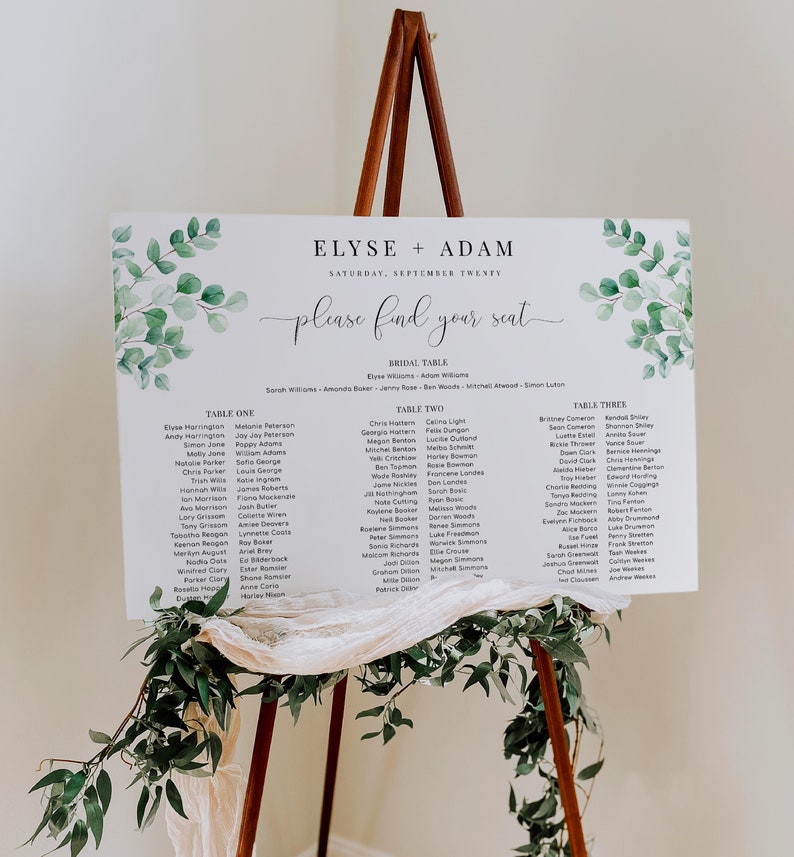 Editable 3 Long Tables & Bridal Seating Chart, Greenery Wedding Banquet Tables Plan, Welcome Seating Chart Sign, Seating Plan Poster, Ferras