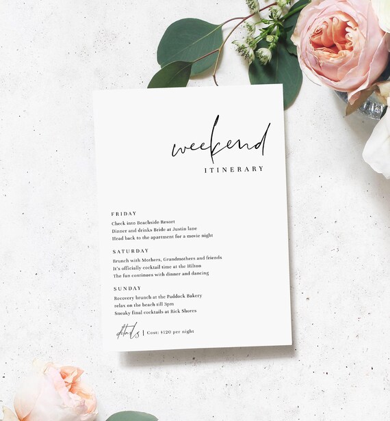 Modern Minimalist Weekend Itinerary Template Printable | Etsy