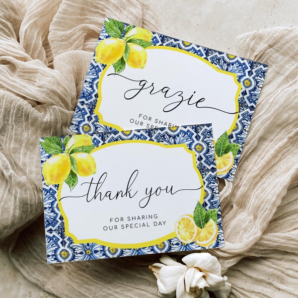 Thank You Folded and Flat Card Set, Positano Blue Tile Lemons Grazie Folded Card, Wedding Thank You Cards, Bridal Shower Thank You Cards