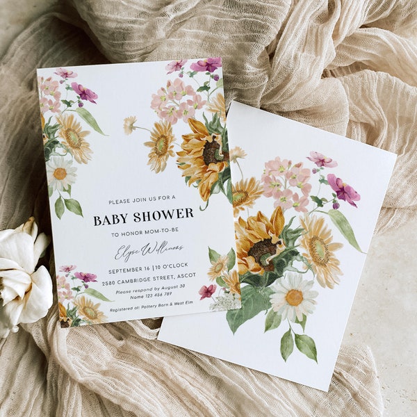 Sunflower Baby Shower Invitation, Fall Floral Baby Shower Invitation, Autumn Floral Gender Neutral Baby Shower Invitation, Mews Floral