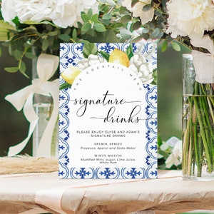 Druckbares Signature Drinks Schild, Mediterran Blaue Fliese, Italienische Zitronen, Bearbeitbares Signature Cocktails Bar Schild, Hochzeitsmenü Bar Schild, Arch