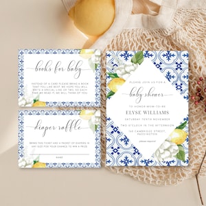Faire-part imprimable modifiable pour baby shower - carreaux bleu méditerranéen citrons - douche non sexiste - demande de livre - billet de tombola - la Méditerranée