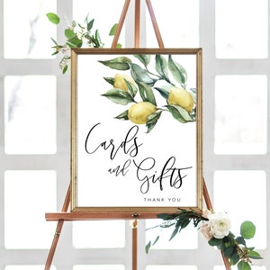 Tarjetas de limón y letrero de barra de regalos, letrero de mesa de regalo de boda imprimible, letrero de despedida de soltera, letrero de baby shower, limones toscanos