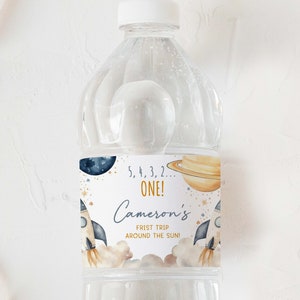 Space Birthday Water Bottle Label, Printable First Trip Around The Sun Birthday Party Drink Bottle Label, Rocket Ship Boy 1st Birthday Favor