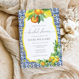 Printable Bridal Shower Invitation Template, Positano Blue Tile, Italian Oranges Lemons, Hens Party Evite, Main Squeeze Bachelorette Party