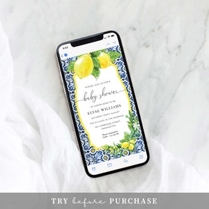 Digital Baby Shower Smartphone Invitation, Text Message Invite, Positano Blue Tile Lemons Baby Shower Invite Template, Evite, Italian Lemons