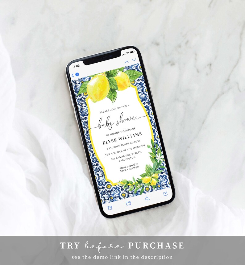 Digital Baby Shower Smartphone Invitation, Text Message Invite, Positano Blue Tile Lemons Baby Shower Invite Template, Evite, Italian Lemons