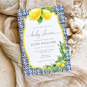 Printable Baby Shower Invitation, Positano Blue Tile Lemons, Italian Almalfi Coast Theme Baby Shower, Summer Boy Baby Shower Invitation