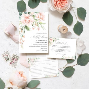 Details bewerkbare uitnodiging vrijgezellenfeest en receptenkaart - afdrukbare sjabloon voor uitnodiging vrijgezellenfeest met roze bloemen - Pemberley bloemen