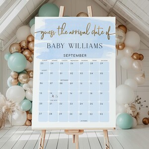 Guess The Arrival Date Game Sign, Blue Watercolour, Printable Guess The Due Date Game Baby Shower Sign, Birthday Date Calendar Guessing Game Sign