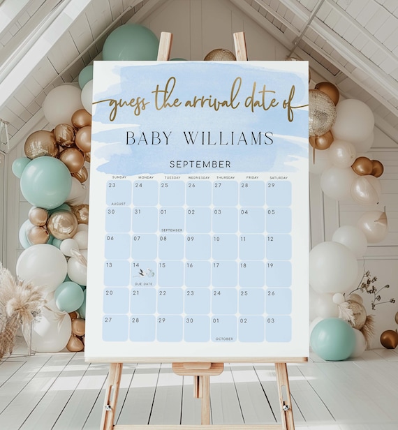 Blue Watercolor Guess the Due Date Game Sign (Printable Template)
