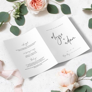 Single Fold Printable Minimalist Wedding Booklet Program, Modern Wedding Service Program, Order of Ceremony, Gigi Script