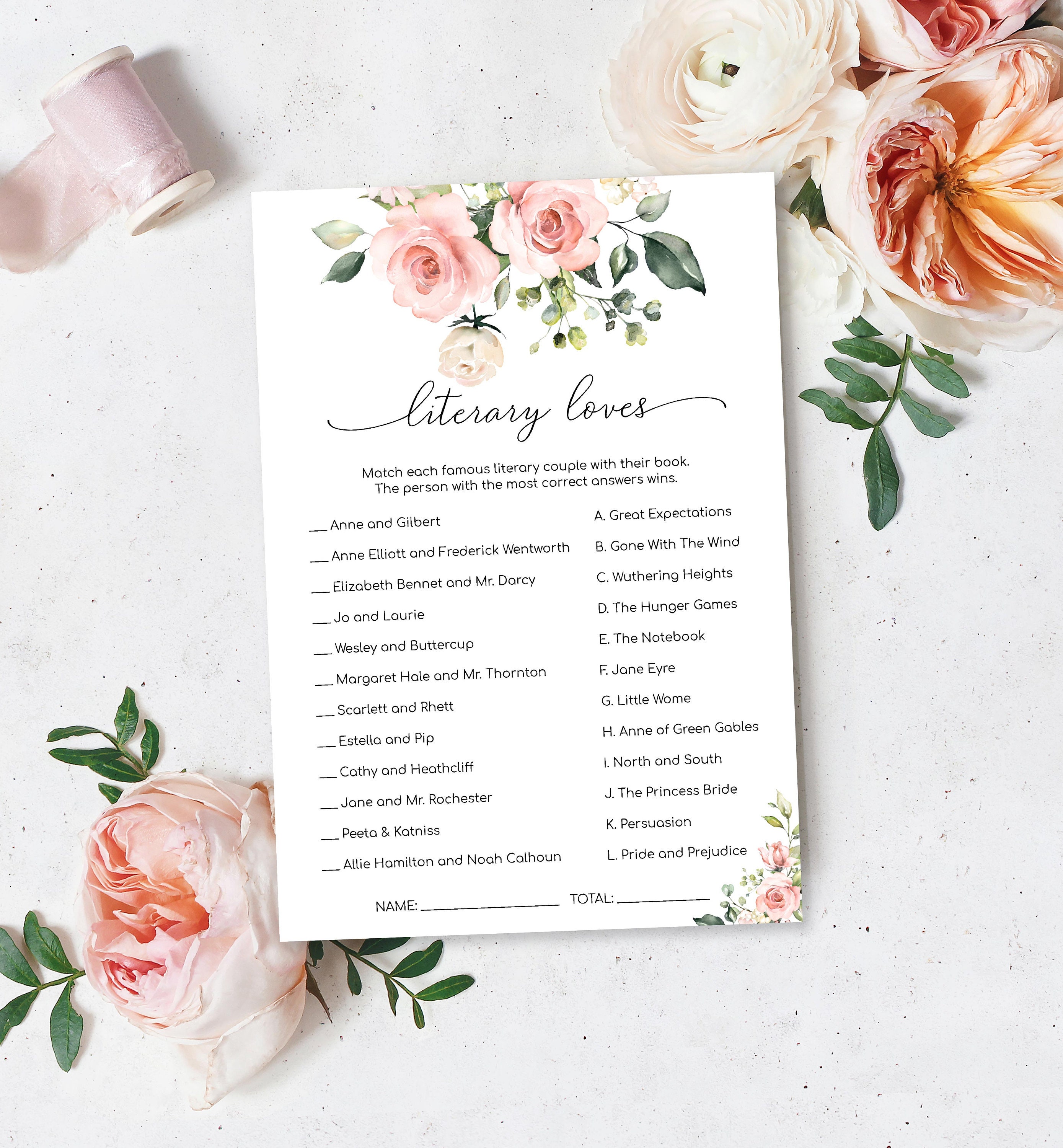 Printable Literary Loves Game, Bridal Shower Game, Famous Book Characters Game, Editable Hen's Party Game, Book Theme Shower, Darcy Floral