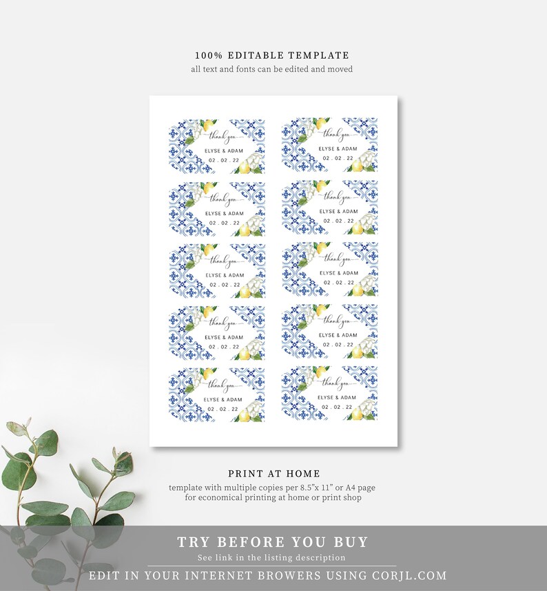 Printable Mediterranean Blue Tile Luggage Favor Tags Lemons Etsy