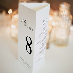 Tabelnummer en menusjabloon, elegant gevouwen bruiloftsmenu, bewerkbaar modern minimalistisch trouwmenu, afdrukbaar dinermenu, Ellesmere