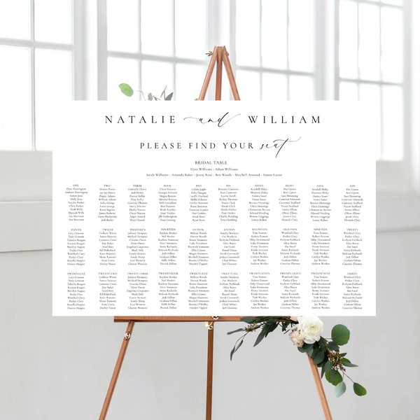 Wedding 30 Table Seating Chart With Bridal Table Seating Plan Template, Minimal Seating Chart Template, Guest List Seating Poster, Ellesmere