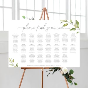 Afdrukbare bruiloft zitplaatsen grafiek, bruiloft tafelplan, bewerkbare zitplaatsen grafiek sjabloon, zitplaatsen plan poster, Darcy Greenery