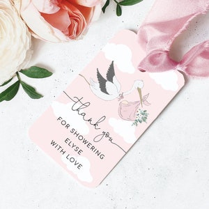 Pink Stork Thank You Favor Tag - Editable Pink Girl Baby Shower Thank You Favour Tags - Stork Mail Girl Baby Shower - Floral Stork