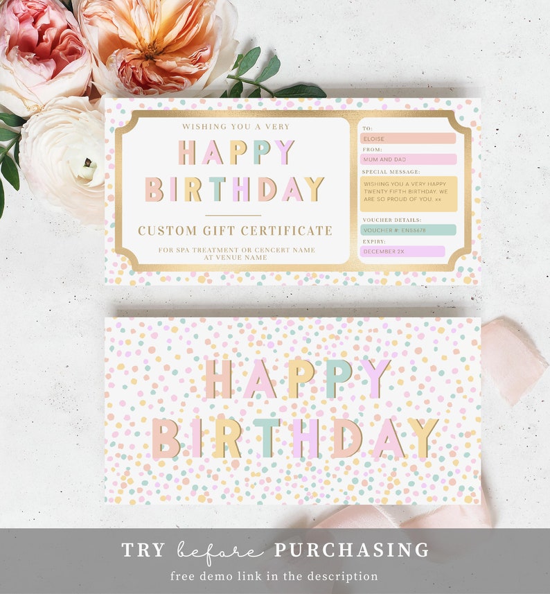 Happy Birthday Custom Gift Voucher Printable Birthday Gift - Etsy